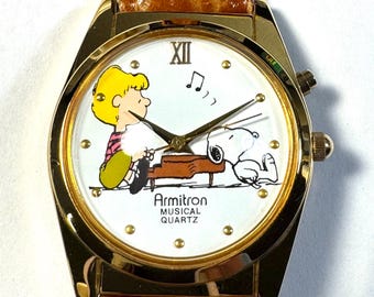 Vintage Armitron Quartz Peanuts Watch - Snoopy & Schroeder Piano Gold Tone - Collectible 90s