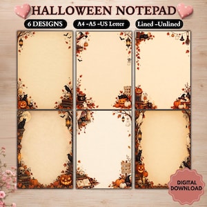 Puede incluir: Un conjunto de seis diseños de bloc de notas de Halloween en papel color crema con bordes decorativos de calabazas, fantasmas, gatos negros, calaveras, linternas y hojas de otoño. El texto dice HALLOWEEN NOTEPAD, 6 DESIGNS, A4-A5-US Letter, Lined-Unlined.