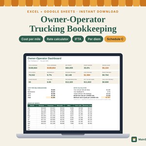 May include: A digital Owner-Operator Trucking Bookkeeping spreadsheet displayed on a laptop screen. The dashboard features financial metrics, a cost per mile breakdown, a rate calculator, and a monthly revenue table for trucking businesses.
