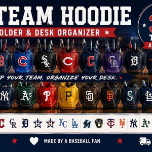 Op de afbeelding: Een collectie van 30 bureau-organizers in de vorm van hoodies, elk voorzien van het logo en de kleuren van een Major League Baseball-team. De display toont diverse teamemblemen die in rijen zijn gerangschikt met bijbehorende tekst.