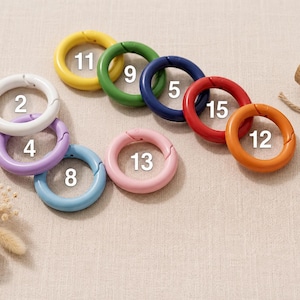 Peut inclure: Un ensemble de neuf anneaux métalliques circulaires à ressort de différentes couleurs, chacun marqué d'un chiffre blanc : 2 (blanc), 4 (lavande), 8 (bleu clair), 11 (jaune), 9 (vert), 5 (bleu marine), 15 (rouge), 12 (orange) et 13 (rose).