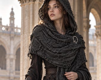 Distressed Hooded Scarf, Gothic Shawl Wrap in 8 Colors, Medieval Fantasy Costume Accessory for Renaissance Faire and LARP