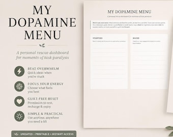 Peut inclure: Un téléchargement numérique intitulé My Dopamine Menu, un tableau de bord personnel pour les moments de paralysie des tâches. Le document imprimable comprend des sections pour les entrées, plats, accompagnements et desserts avec des listes.