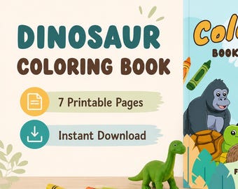 Peut inclure: Un livre de coloriage intitulé Coloring Book Animals for Kids illustré avec un gorille, un pingouin, un éléphant, un léopard, une tortue et un kiwi. La couverture présente des dessins de crayons, accompagnés de deux figurines de dinosaures vertes et de crayons.