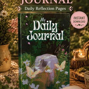 May include: A gratitude journal with a dark green cover featuring a painted illustration of a tree stump, white flowers, and two butterflies. The text reads Gratitude Journal, Daily Reflection Pages, My Daily Journal, and Instant Download.