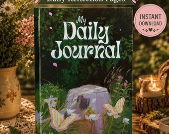 Peut inclure: Un journal de gratitude avec une couverture vert foncé illustrée d'une souche d'arbre, de fleurs blanches et de deux papillons. Le texte indique Gratitude Journal, Daily Reflection Pages, My Daily Journal et Instant Download.