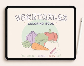 Peut inclure: Une tablette numérique affichant une couverture de livre de coloriage de légumes avec des illustrations d'oignon, brocoli, poivron, tomate et carotte. Le texte indique Vegetables Coloring Book et Color Learn Grow. Un stylet blanc est posé à côté.