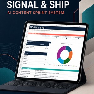 Puede incluir: Una tableta que muestra la hoja de cálculo Signal & Ship AI Content Sprint System. La pantalla presenta un panel con una tabla de rendimiento, un gráfico circular de estado del pipeline y una sección de revisión semanal con listas.