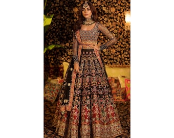 Lehenga choli da sposa Nikkah fatto a mano: abito lungo da sposa pakistano-indiano
