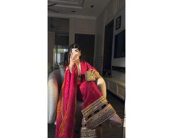 Abito pakistano-indiano in seta grezza, pantaloni a zampa d'elefante, dupatta Chunri
