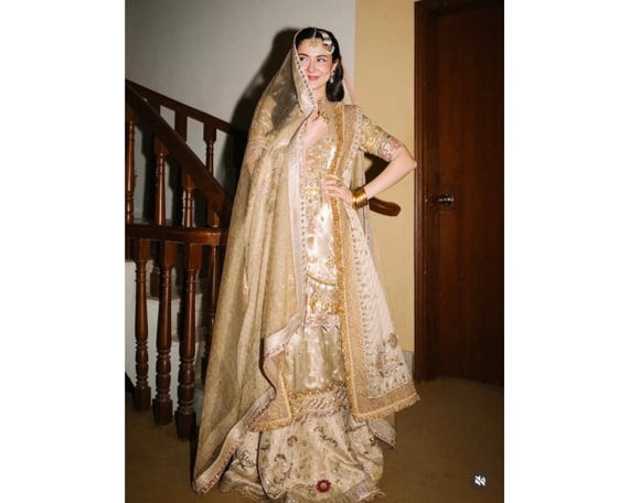 gold asian wedding dresses Handmade Bridal Nikkah Lehenga Choli: Pakistani Indian Maxi Dress, Gharara Dress traditional asian wedding dress