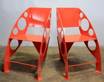 Post-Modernist Style Sculptural Steel Chairs, Orange Powder-Coat