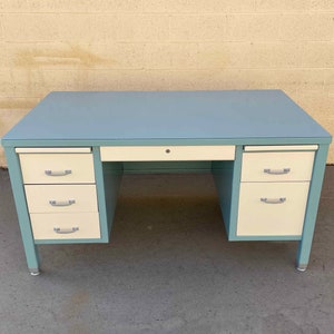 Mid Century Double Pedestal Tanker Desk Refinished In Sea Foam