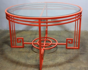 Refurbished Art Deco Style Steel & Glass Dining Table - Orange Powder-Coat