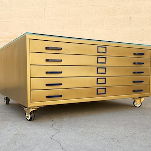 Vintage Flat File Coffee Table Custom Refinished in Sun Gold, Free U.S. Shipping