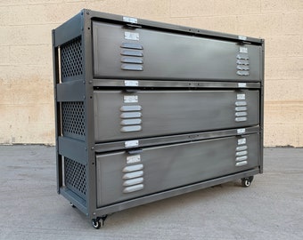 3x3 Locker Unit on Casters, Refinished In Monochrome Natural Steel, Free U.S. Shipping