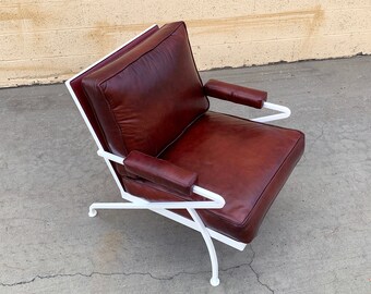 カスタムメイドのスチールとレザーのアトミックアームチェア