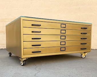 Vintage Flat File Coffee Table Custom Refinished in Sun Gold, Free U.S. Shipping