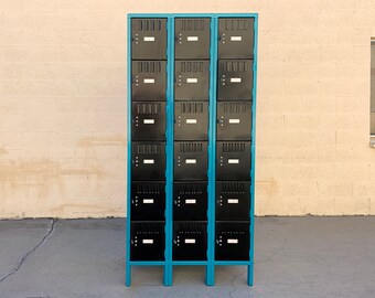 1970s Large Cubby Locker Unit, Refinished in Teal and Black, Free U.S. Shipping