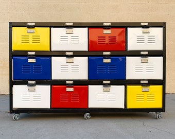 Custom Made 4 X 3 Locker Basket Unit on Casters with Multicolored Drawers, Mondrian Inspired, Free U.S. Shipping
