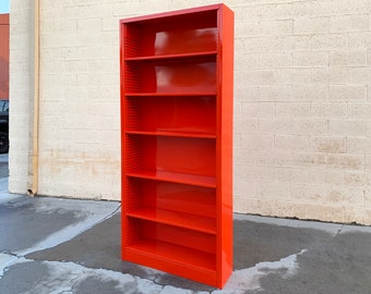 1970s Tall Steel Tanker Bookcase, Custom Refinished in Safety Orange, Free U.S. Shipping