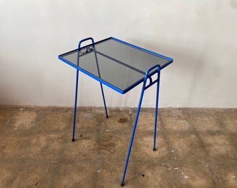 1950s Atomic Style Steel Side Table w Smoked Glass