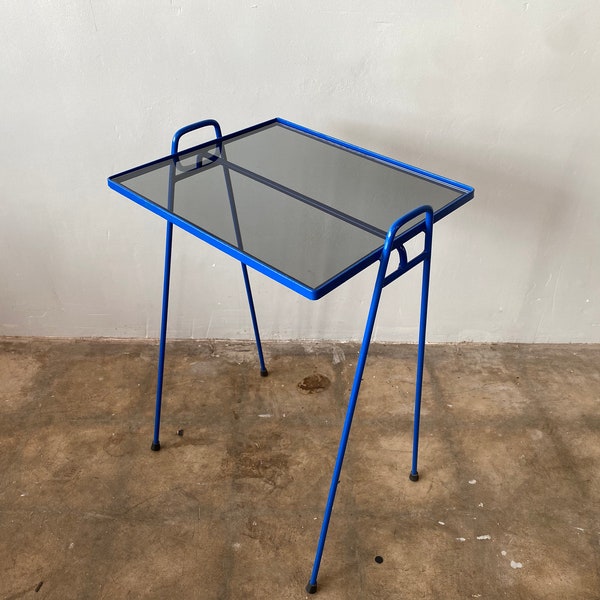 1950s Atomic Style Steel Side Table w Smoked Glass