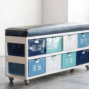 4 x 2 Reclaimed Locker Basket Unit with Padded Bench Seat, Free U.S. Shipping