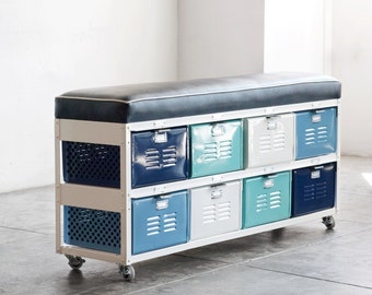 4 x 2 Reclaimed Locker Basket Unit with Padded Bench Seat, Free U.S. Shipping