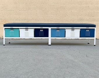 Custom Made 6 x 1 Locker Basket Unit with Padded Seat in Blues and White, Free U.S. Shipping