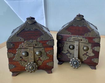 Pair of Korean Vintage Wood and Brass Boxes