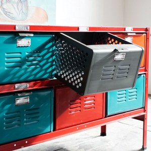 5 x 2 Reclaimed Locker Basket Unit with Red Frame and Multicolored Drawers, Free U.S. Shipping 画像 4