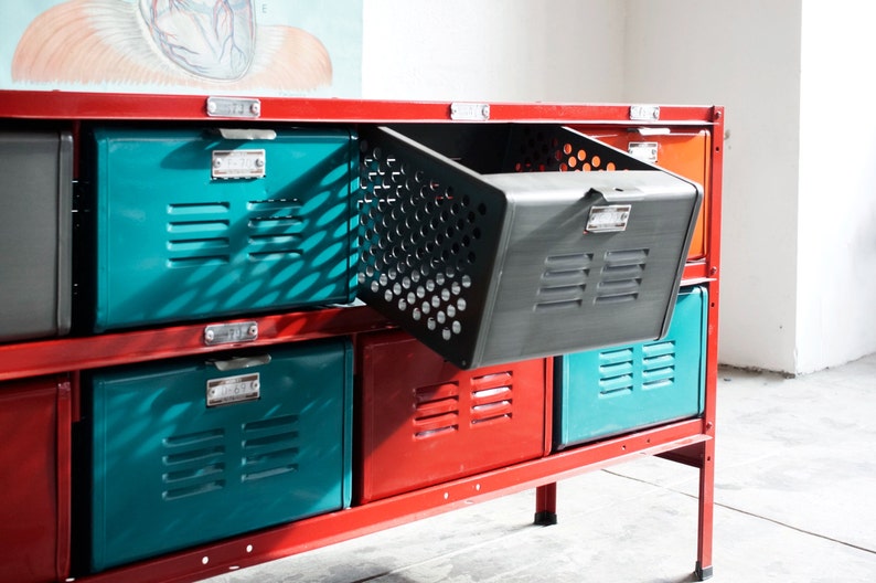 5 x 2 Reclaimed Locker Basket Unit with Red Frame and Multicolored Drawers, Free U.S. Shipping 画像 4