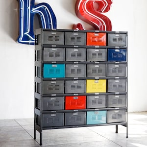 4 x 6 Reclaimed Locker Basket Unit with Natural Frame and Multicolored Drawers, Free U.S. Shipping