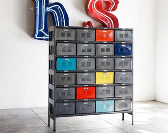 4 x 6 Reclaimed Locker Basket Unit with Natural Frame and Multicolored Drawers, Free U.S. Shipping