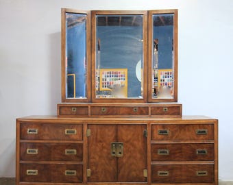 1960's Campaigner Style Drexel Dynasty Triple Dresser and Mirror