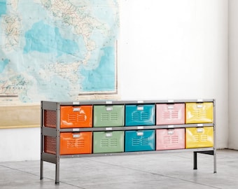 5 x 2 Reclaimed Locker Basket Unit with Natural Steel Frame and Multicolored Drawers, Free U.S. Shipping