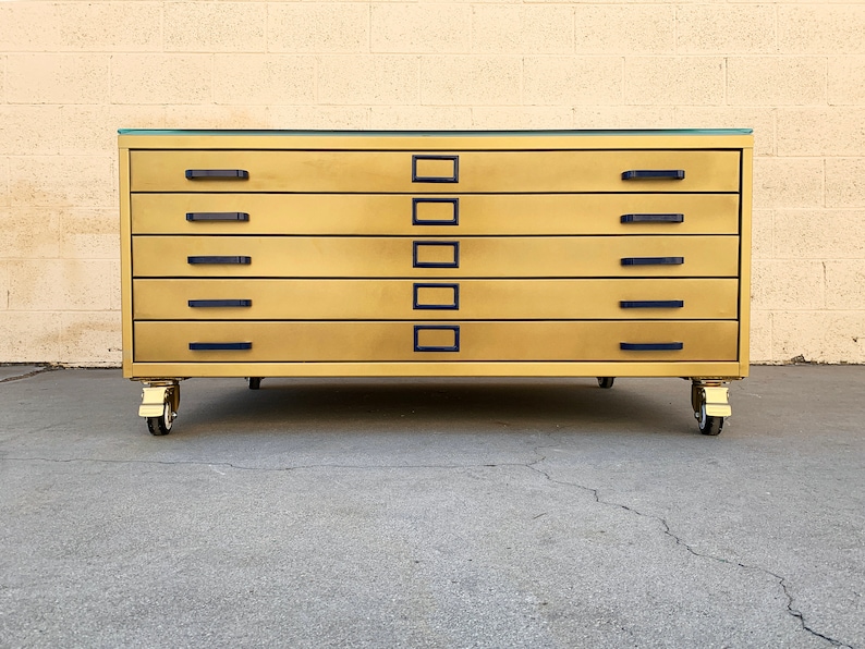 Vintage Flat File Coffee Table Custom Refinished in Sun Gold, Free U.S. Shipping image 2