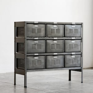 3 x 3 Reclaimed Locker Basket Unit Refinished In Monochrome Natural Steel, Free U.S. Shipping image 1