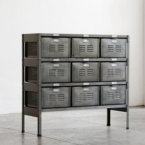 3 x 3 Reclaimed Locker Basket Unit Refinished In Monochrome Natural Steel, Free U.S. Shipping