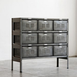 3 x 3 Reclaimed Locker Basket Unit Refinished In Monochrome Natural Steel, Free U.S. Shipping image 1