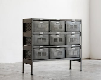 3 x 3 Reclaimed Locker Basket Unit Refinished In Monochrome Natural Steel, Free U.S. Shipping