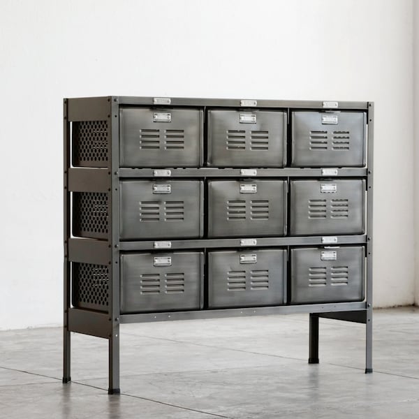 3 x 3 Reclaimed Locker Basket Unit Refinished In Monochrome Natural Steel, Free U.S. Shipping
