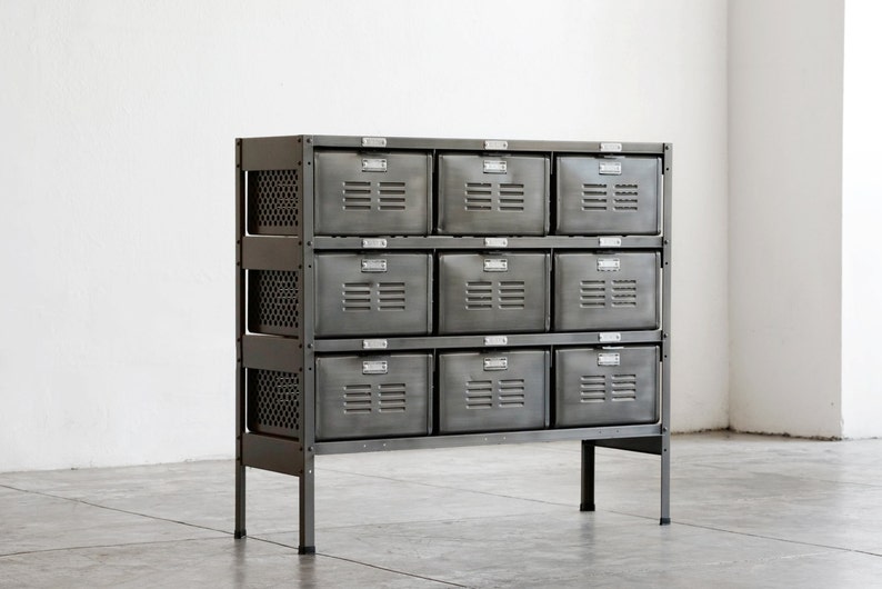 3 x 3 Reclaimed Locker Basket Unit Refinished In Monochrome Natural Steel, Free U.S. Shipping image 1