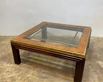 Hollywood Regency Brass and Burlwood Square Coffee Table