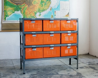 3 x 3 Reclaimed Locker Basket Unit with Tangerine Finish Drawers and Natural Steel Frame, Free U.S. Shipping