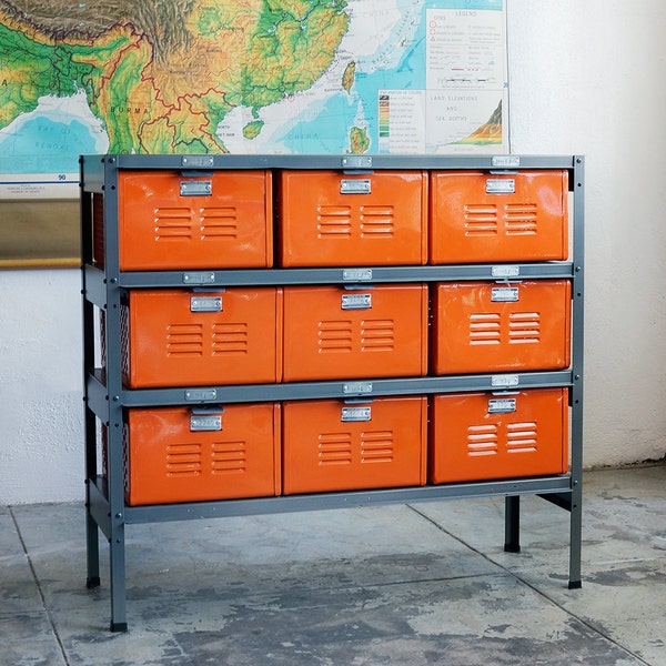 3 x 3 Reclaimed Locker Basket Unit with Tangerine Finish Drawers and Natural Steel Frame, Free U.S. Shipping
