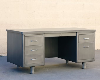 Classic Mid Century Tanker Desk Refinished in Natural Steel, Free U.S. Shipping