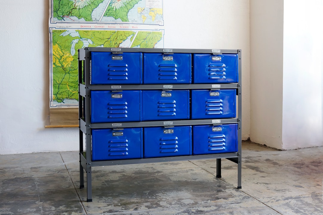 3 X 3 Reclaimed Locker Basket Unit With Royal Blue Drawers and