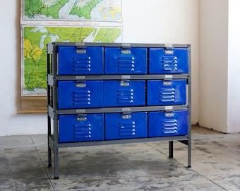 3 x 3 Reclaimed Locker Basket Unit with Royal Blue Drawers and Natural Steel Frame, Free U.S. Shipping